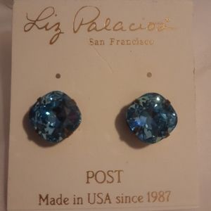 Vintage Liz Palacios Blue Swarovski Crystal Cushion Cut Large Studs NEVER WORN!